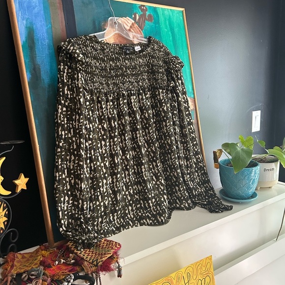 Zac & Rachel Green and Cream Smocked Blouse XL - Picture 6 of 16